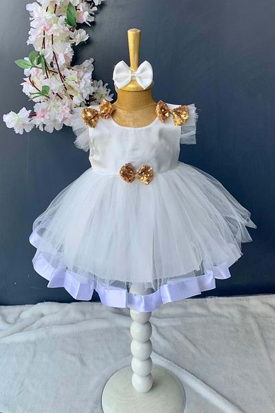 Mnk Baby&Kids Sequin Sequined Bow Satin Baby Girl Mevlütluk Dress Pnpn176 White