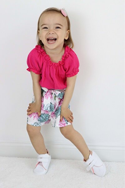 Mnk Baby&Kids Palm Tree Pattern Muslin Fabric Girls' Suit with Shorts TF7355 Fuchsia