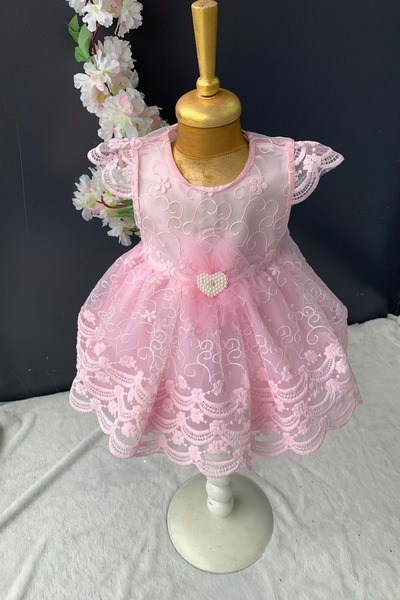 Mnk Baby&Kids İnci Taşlı Dantelli Kız Bebek Elbise PNPN153 PEMBE