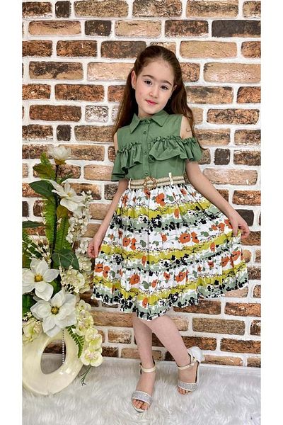 Mnk Floral Viscose Shirt Collar Summer Girls Dress Green