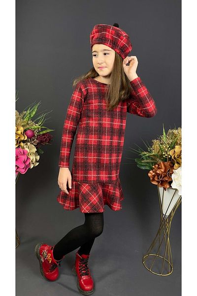 Mnk Baby&Kids Rochie de iarnă roșie cu mânecă lungă pentru fetiță cu pălărie - Mnk0412
