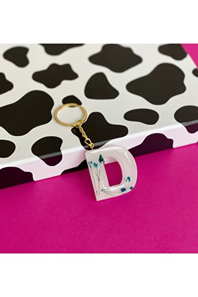 Gift Moda Özel Gerçek Kurutulmuş Çiçekli Beyaz Epoksi Anahtarlık