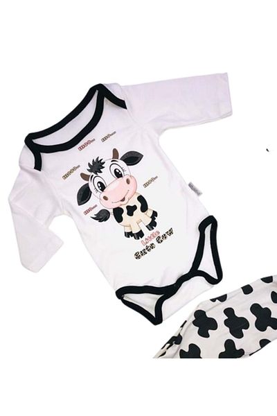 Mnk Baby&Kids Cute Cow Motif Combed Cotton Unisex Hat Badi 3-Piece Baby Set White