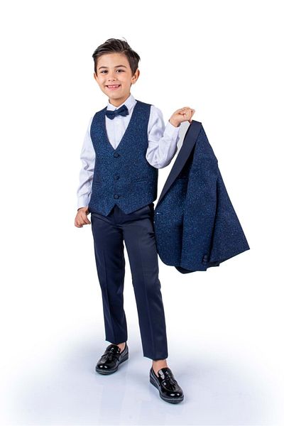 Mnk Baby&Kids Boy's Navy Blue Groom Suit - Glitter Jacket and Vest Mnk0501