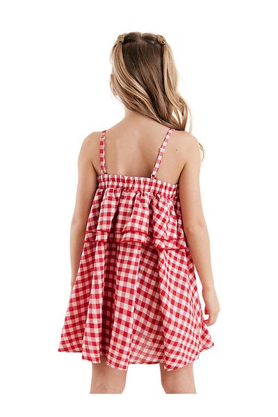 Denokids Rotes kariertes Rüschen-Kinderkleid mit Katzenriemen