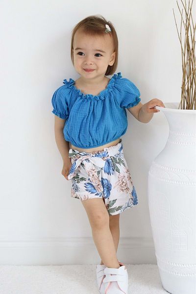 Mnk Baby&Kids Costum pentru fete din țesătură muselină cu model cu palmieri TF7355 ALBASTRU