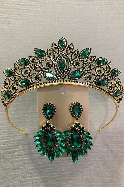 Limelia طقم تاج وأقراط للعروس من الزجاج الكريستالي الأخضر الزمردي مع اللون ال...