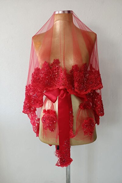 Limelia Κόκκινο Υπερ-Πολυτελές Κρυστάλλινο Πέπλο Νύφης με Χάντρες Κεντημένο μ...