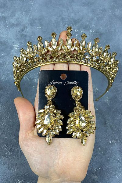 Hayalperest boncuk Set de cercei pentru rochie de seară și coroană de henna de mireasă Pedro Stone de culoare miere