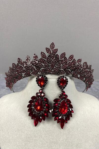 Limelia Set de coroană și cercei de mireasă cu piatră de roșu Claret Sara