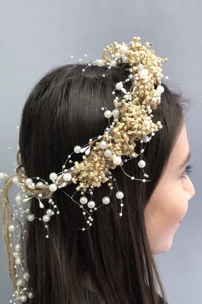 Limelia Корона от сухи цветя, обсипана с перли, с кремави чипсове
