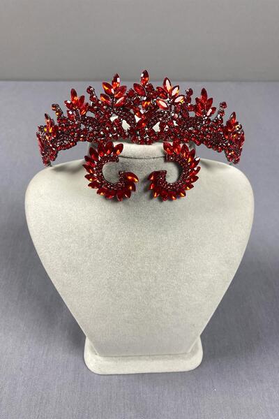 Limelia Set de cercei rotunzi și coroană de mireasă roșie - Belur