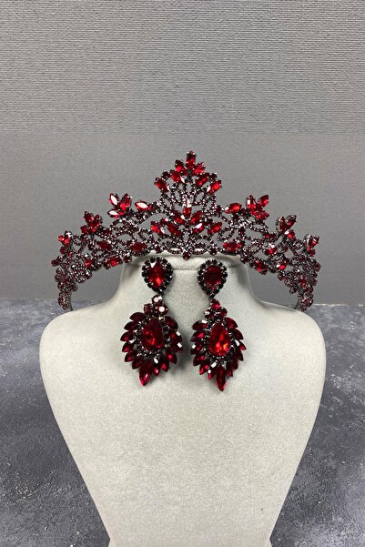 Limelia Coroană de henna de mireasă Melis Burgundy și cercei cu pietre