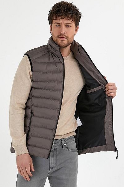 odelon Ανδρικό Μπεζ Slim Fit Casual Γιλέκο - Stand Collar