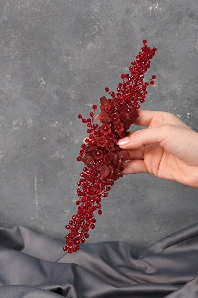 Limelia Coroană de mireasă cu mărgele și accesoriu pentru turban de păr din șimal burgundy