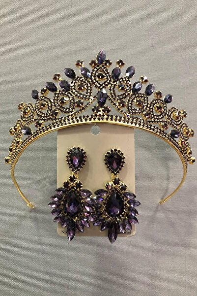 Limelia Set de coroană și cercei cu cristale de prun, piatră de cristal, culo...