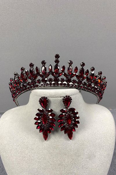Hayalperest boncuk Burgundy Pedro Stoned Bridal Henna Crown and Earring Set