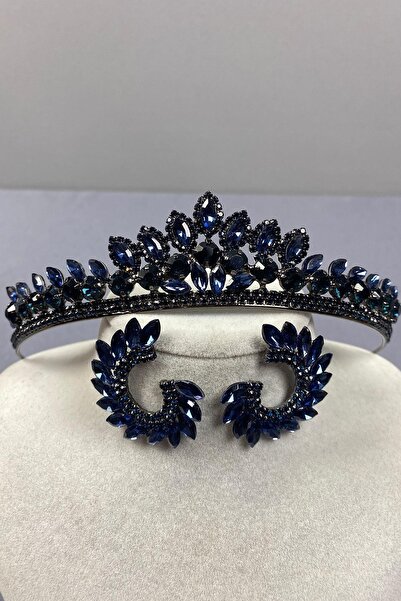 Limelia Leyn bleumarin - Set de cercei de mireasă, coroană de henna și piatră...