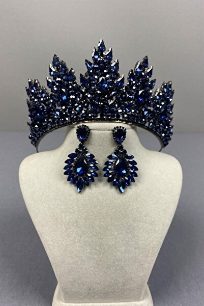 Limelia Lotus bleumarin - Set de cercei de mireasa si coroana Henna brodate c...