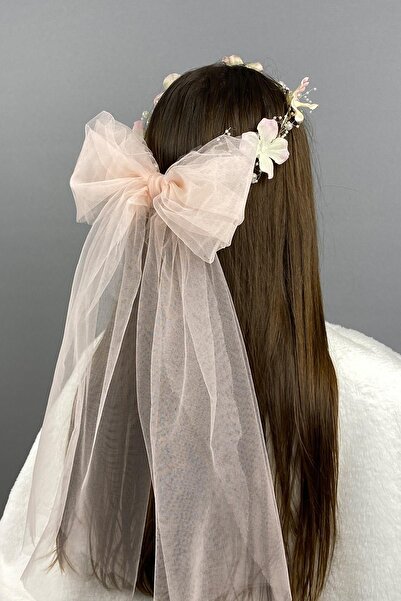 Limelia Специална булчинска корона от къна с панделка от сьомга и цвете от хо...