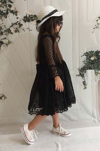 Mnk Cream Hat Lace Girl's Dress Black