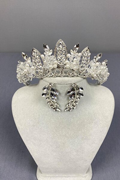 Limelia Coroană de mireasă cu mărgele Jabbah argintie și cercei cu frunze