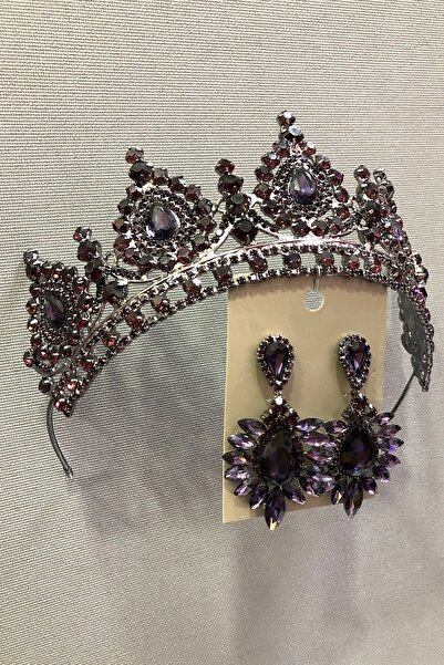 Limelia طقم حناء وتيجان العروس وأقراط من الحجر الكريستالي الأرجواني مع علبة م...