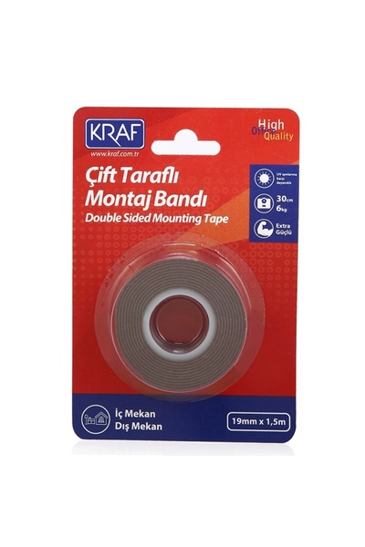 KRAF Çift Taraflı Extra Güçlü Montaj Bandı Iç-dış Mekan 19mmx1,5m