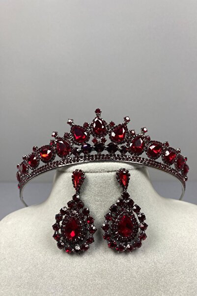 Limelia Set de coroană de mireasă Ade Burgundy și piatră de migdale