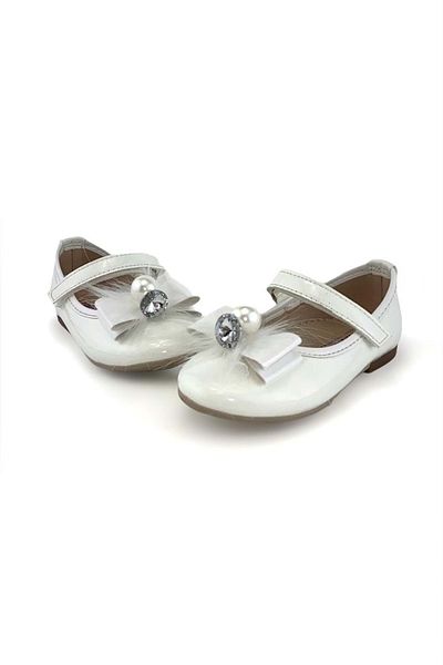 Mnk Patent Leather Feather Buckle Pearled Ballerina Shoes Ecru