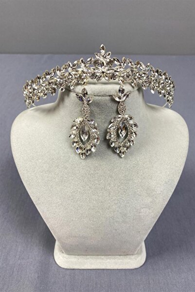 Limelia تاج زفاف فيرا أنيق رفيع من الفضة وأقراط مكوكية