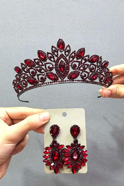 Limelia Σετ νυφικό στέμμα και σκουλαρίκια μπορντό χέννα