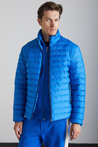GRIMELANGE Alaska Men's Saks Blue Microfiber Coat - Stand Collar, Zippered and Lined
