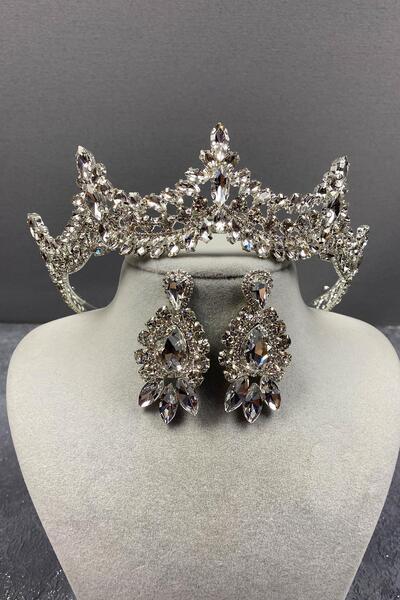 Limelia Set de cercei și coroană de mireasă din piatră de venețian argintiu