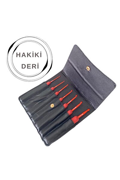 yumakça Knitme Red Tığ Seti | 7 Adet Tığ Orjinal Siyah Deri Çantalı