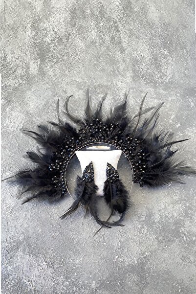 Limelia Coroană și cercei de mireasă cu pene de cocoș negre și mărgele de cri...