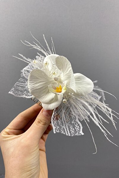 Limelia Agrafă de păr de mireasă cu mărgele și pene de orhidee