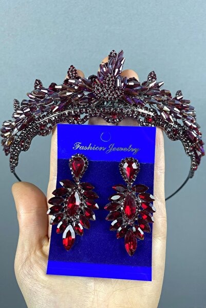 Limelia Set de coroană și cercei de mireasă cu cristale Lena, culoare burgundă