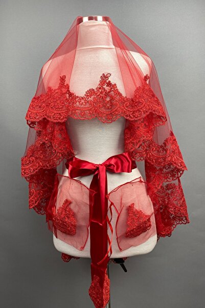 Limelia Kırmızı Venüs Dantelli Gelin Duvağı Kına Yüz Örtüsü