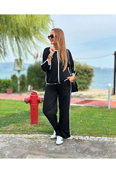 MODA55 Women's Crew Neck Three Quarter Sleeve Piping Detail Blouse and High Waist Elastic Pants Double Suit
