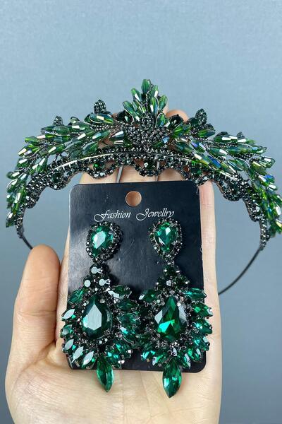 Limelia Set de coroană și cercei cu piatră de mireasă cu cristale Lena verde