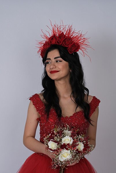 Limelia Κόκκινο βελούδινο τριαντάφυλλο με φτερά σχεδιασμένο στέμμα νύφης χέννας