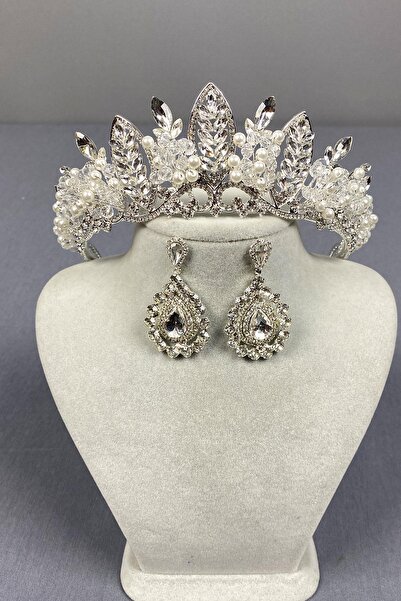 Limelia Coroană de mireasă cu mărgele Jabbah argintie și cercei cu picătură