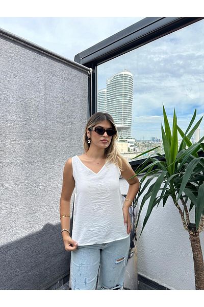Kübra Tekstil Bluză de damă ecru cu mâneci zero cu decolteu în V, bluză de vară cu bretele