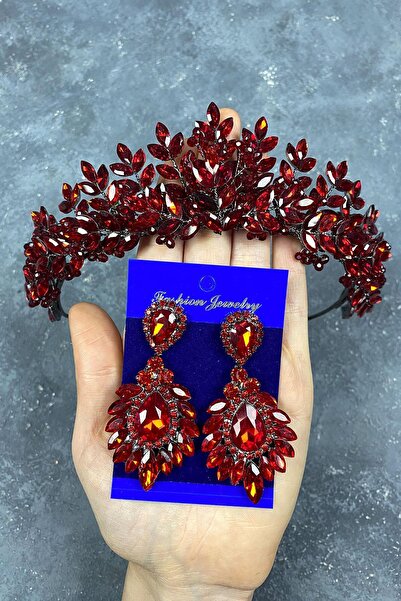 Limelia Set de coroană și cercei de mireasă cu mărgele roșii Asleny