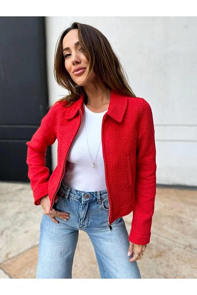 Maldia Shop Red Tweed Bomber Jacket - Shirt Collar, Zippered