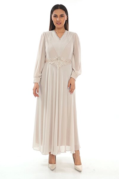 lodmela Φόρεμα με πιέτες και χάντρες 2213- Μπεζ