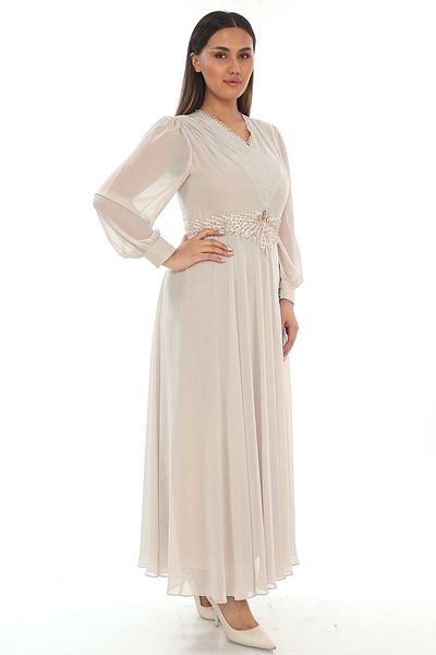 lodmela Plus Size Dress with Pleat and Bead Detail 2213- Beige