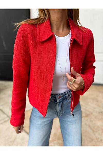 Maldia Shop Red Tweed Bomber Jacket - Shirt Collar, Zippered