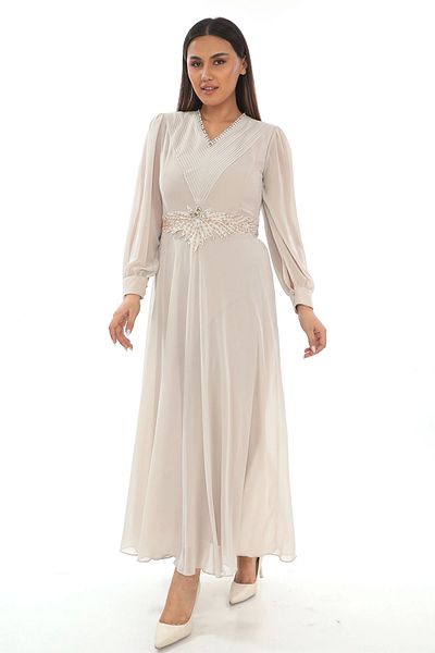 lodmela Plus Size Dress with Pleat and Bead Detail 2213- Beige